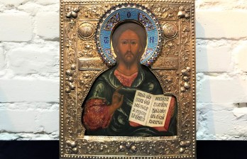 Антикварная икона Иисус Христос Господь Вседержитель в серебряном окладе